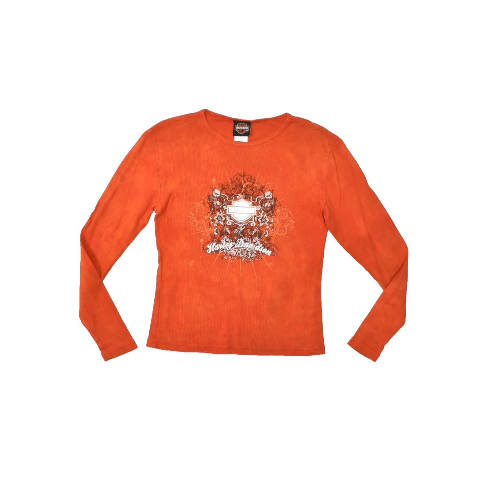 Harley Davidson Women's Medium Orange Long Sleeve Graphic Tee Fort Worth Texas